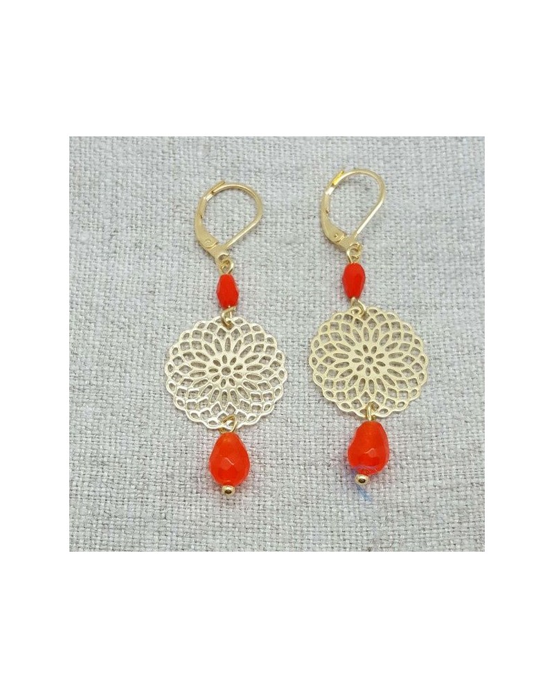 Boucle d'oreille arabesque ronde et perle orange