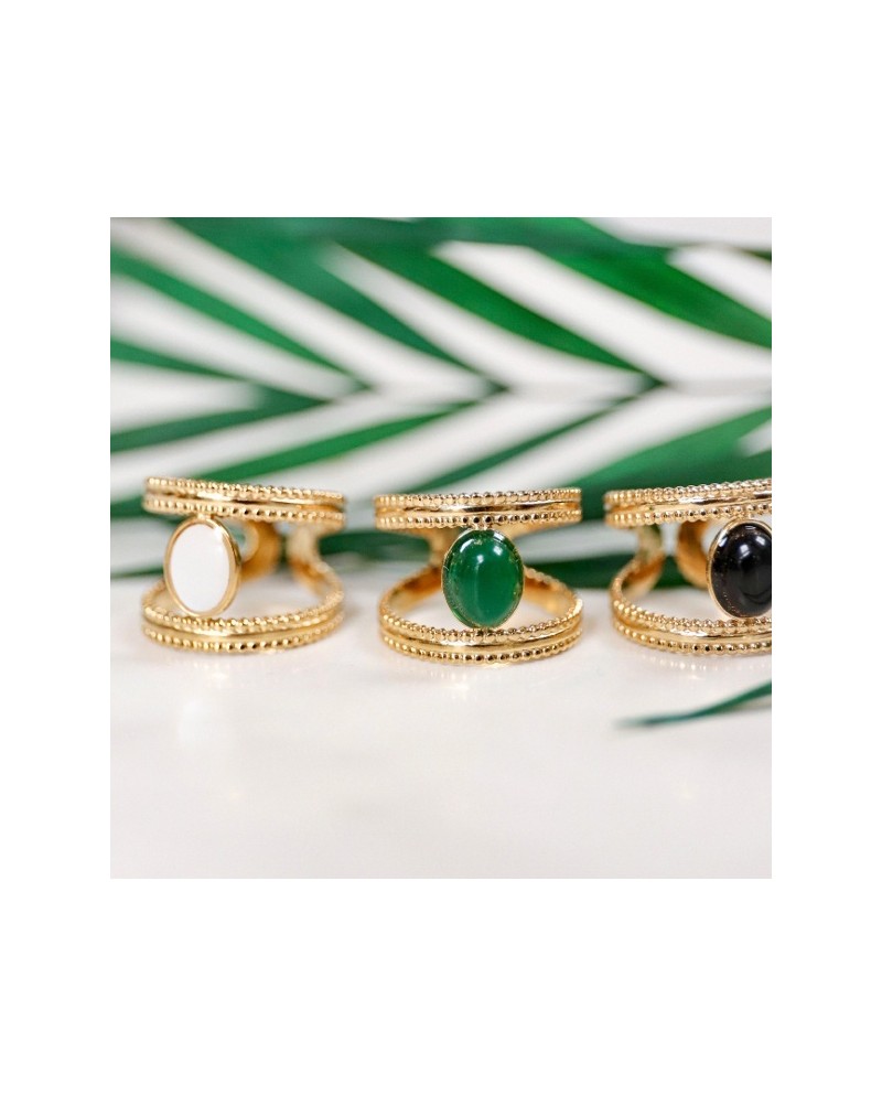 Bagues pierre naturelle couleur ovale et double tour perlée