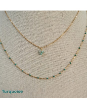 Collier double tour acier inoxydable, perles colorées