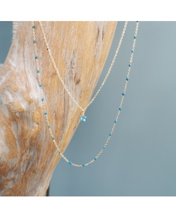 Collier double tour acier inoxydable, perles colorées