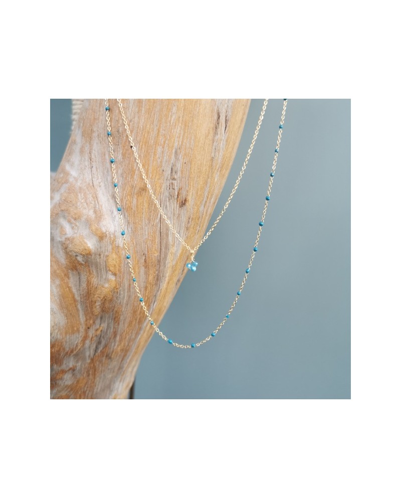 Collier double tour acier inoxydable, perles colorées