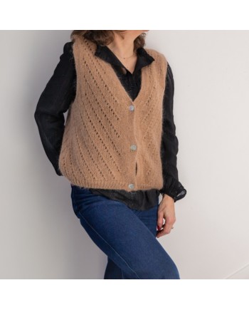 Gilet boutonné mohair sans manche ajouré