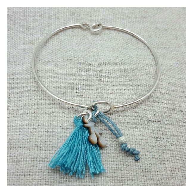 Bracelet jonc pompon Argent taille enfan coloris turquoise 