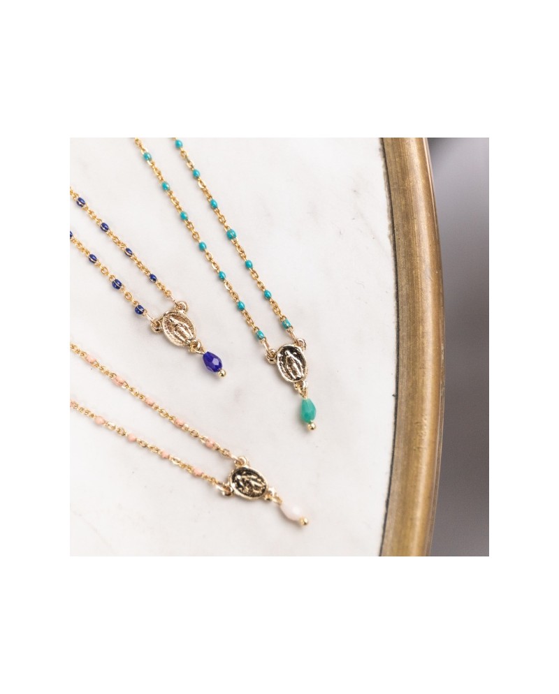 Collier médaille miraculeuse dorée et perles émaillées colorées