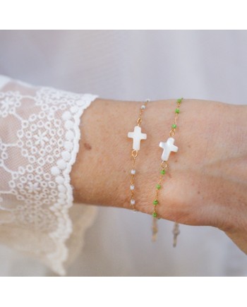 Bracelet croix nacre et chaîne perles miyuki