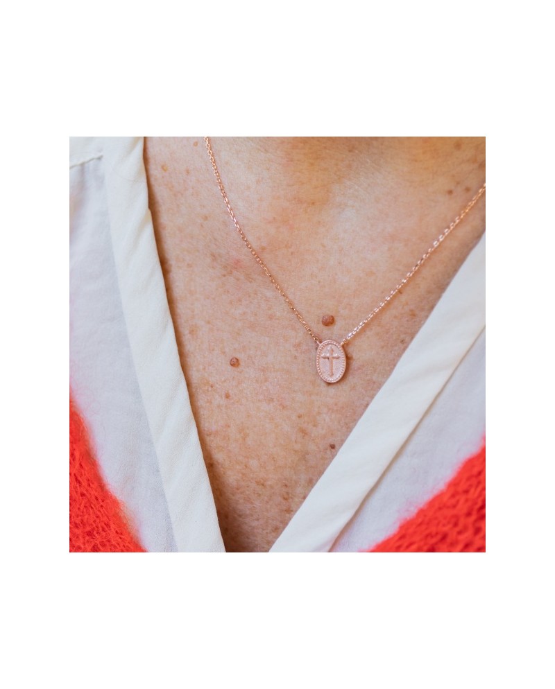 Collier religieux médaille croix Or ou Rose