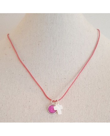 Collier vierge colorée émaillée et croix nacre sur lien coton