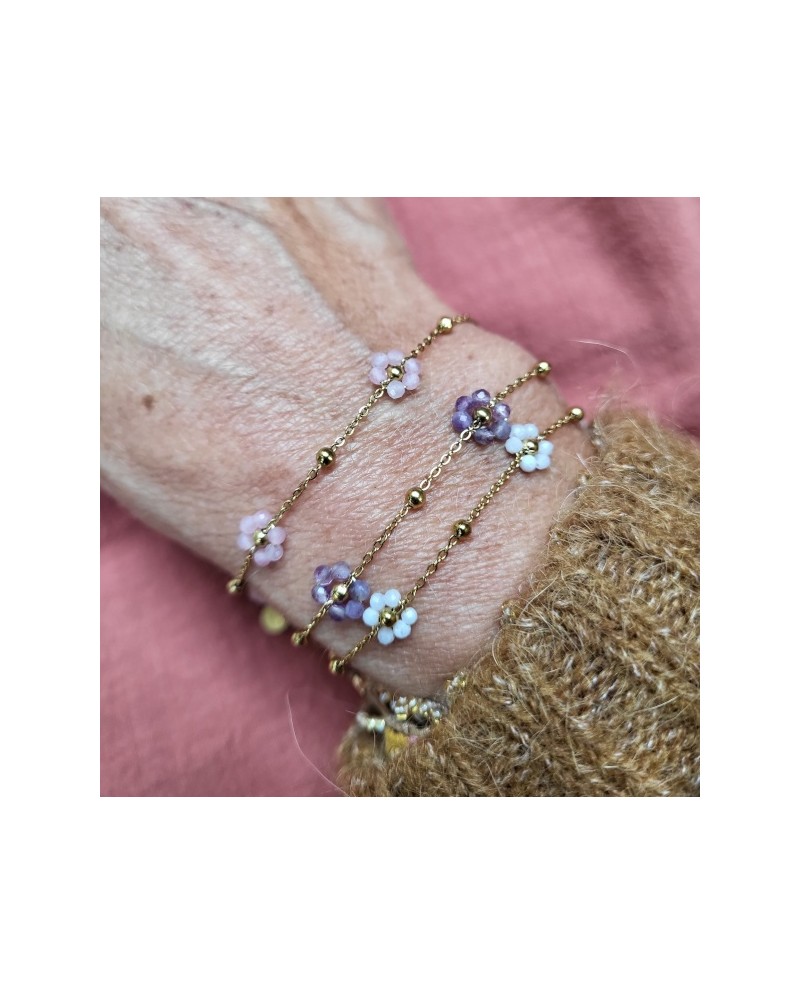 Bracelet chaîne et fleurs en perles