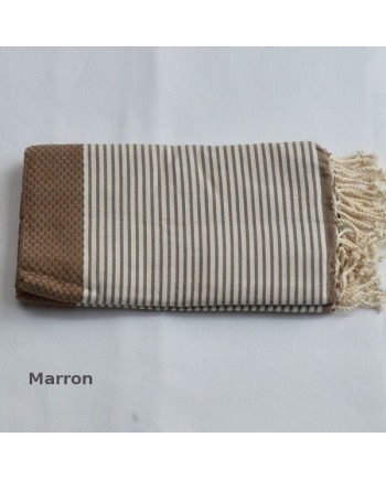 fouta nid d'abeille marron rayée blanche