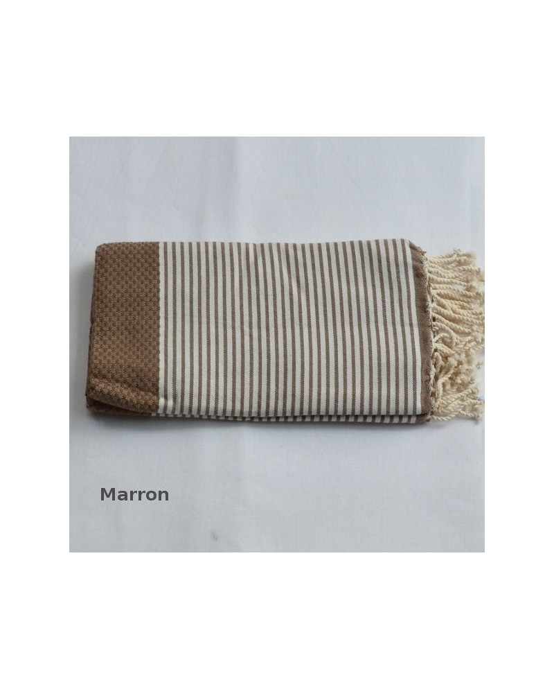 fouta nid d'abeille marron rayée blanche