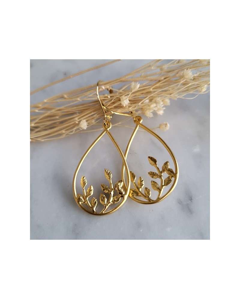 Boucles d’oreilles ovales motif feuille plaqué Or