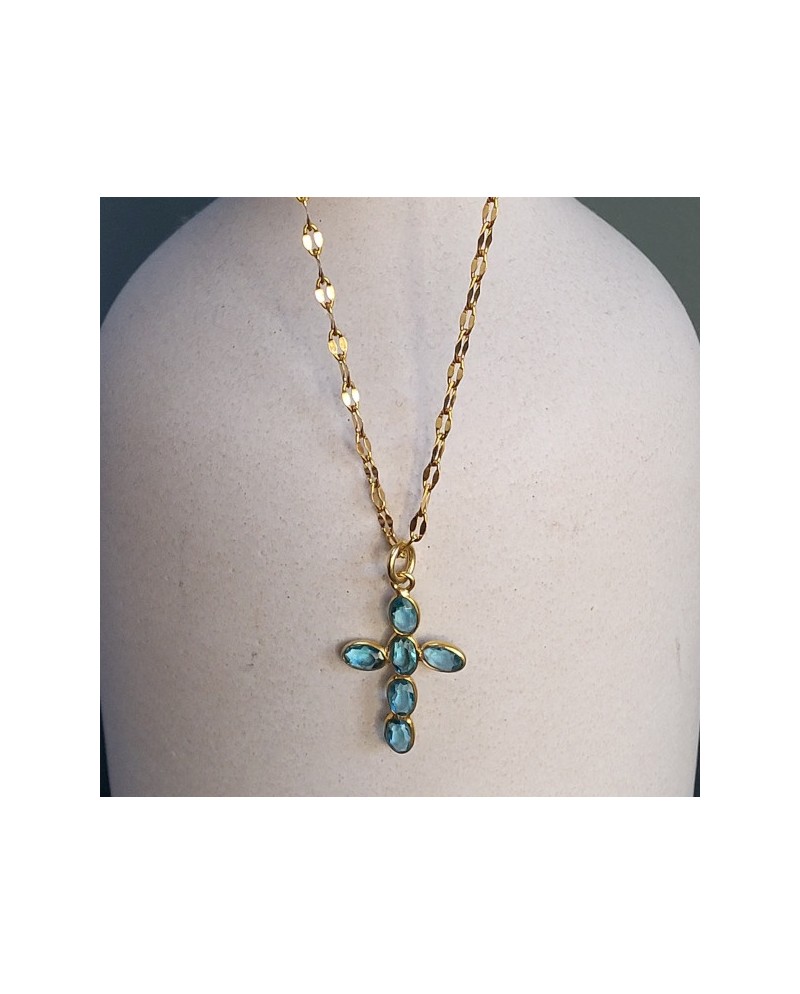 Collier croix et pierre colorée