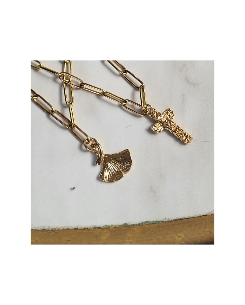 Collier maille large croix ou feuille