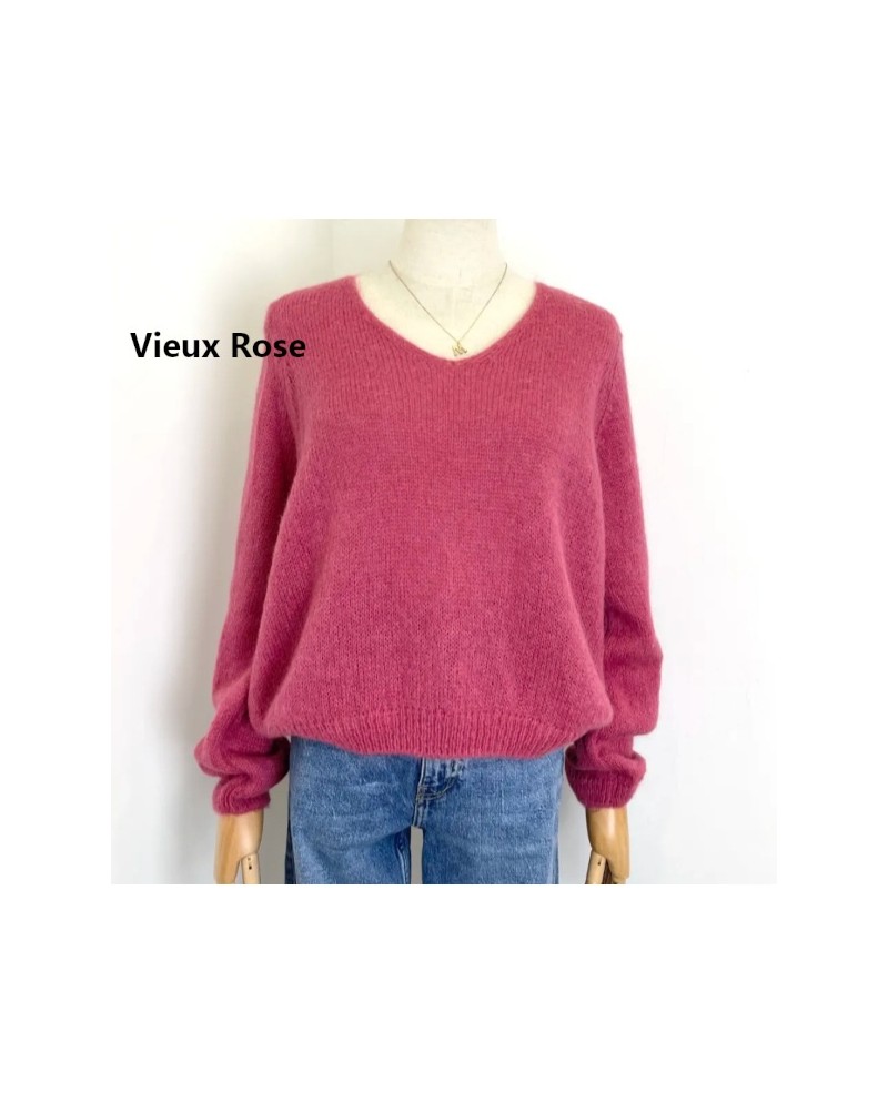 Pull col V manches longues femme en mohair vieux rose
