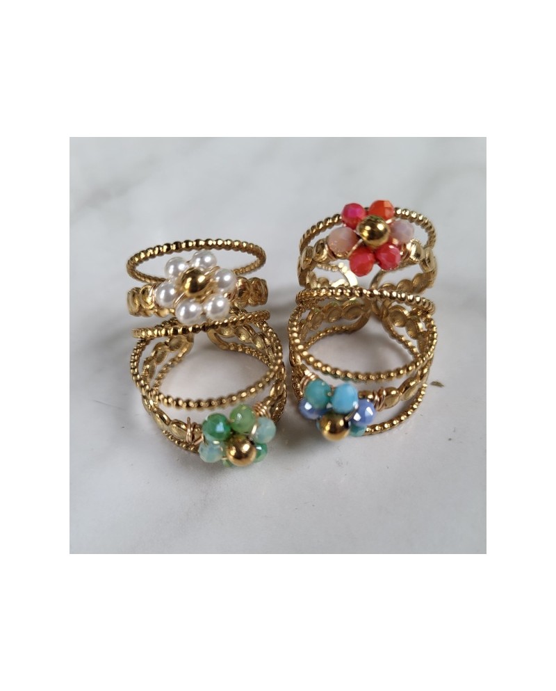 Bagues 3 anneaux et fleurs en perles