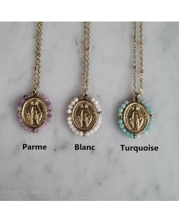 Collier médaille vierge et perles