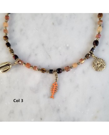 Colliers perles colorées & breloques dorées – Thème mer et spirituel