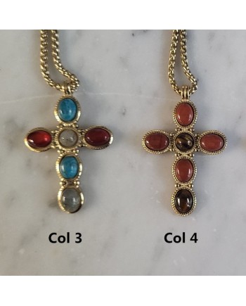 Sautoir croix coloré émaillé prune, orange, gris, chaîne doré large.