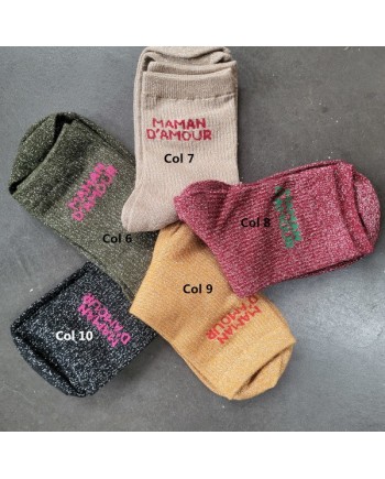 Chaussettes pailletées – Messages “Pépettes” & “Maman d’amour” | Taille unique mi-hauteur