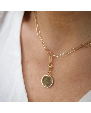 Collier maille large et breloque Gingko ou croix acier inoxydable doré