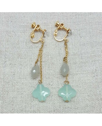 Boucle d'oreilles doré longues sur chaîne avec 2 pierres gris et turquoise 