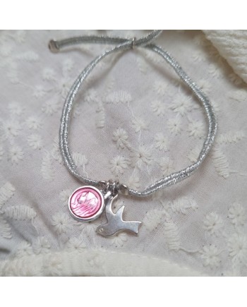 bracelet lien fin argenté croix, colombe et médaille vierge colorée