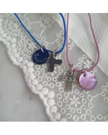 collier croix argent lacet coton personnalisé, idée cadeau religieux