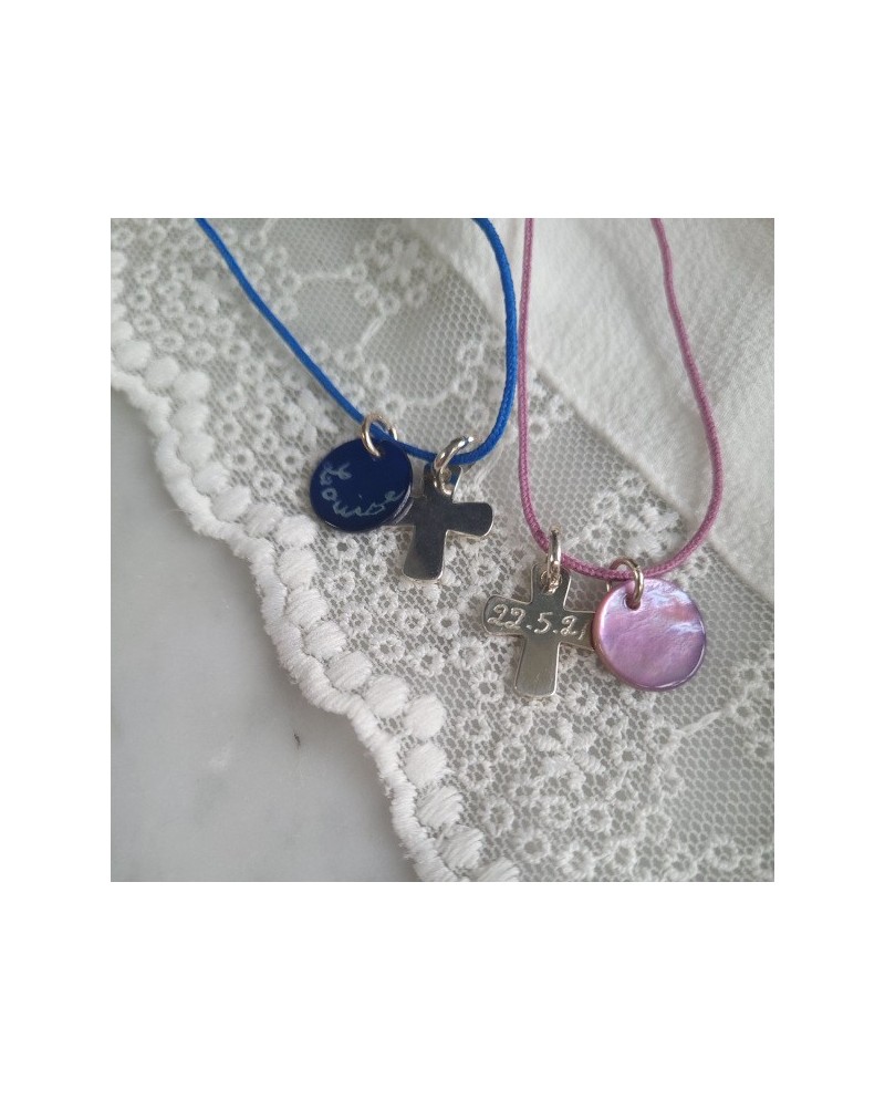 collier croix argent lacet coton personnalisé, idée cadeau religieux
