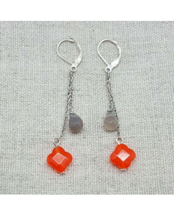 Boucle d'oreilles argent longues sur chaîne avec 2 pierres gris et orange