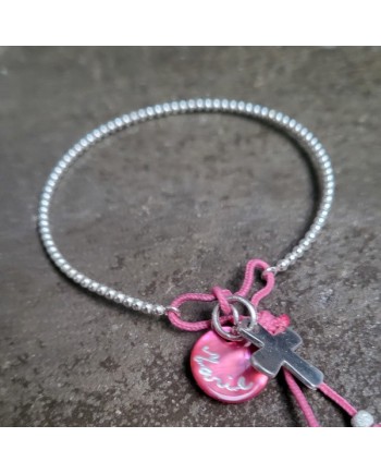 Jonc argent nacre et croix argent personnalisable
