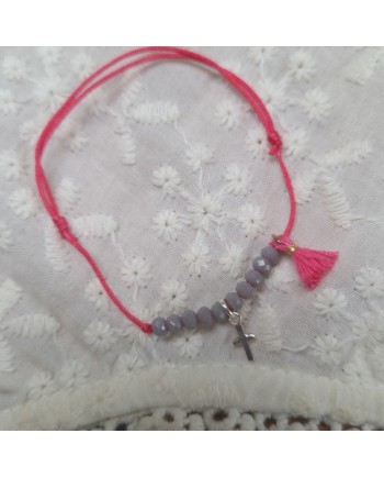 Bracelet religieux dizennier lien fin coton, perles naturelles et croix