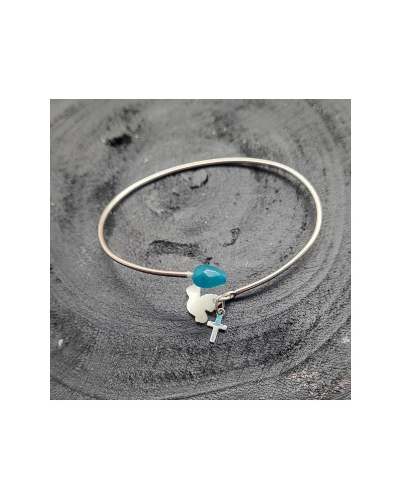 bracelet religieux jonc fin argent et medaille vierge colorée. catho