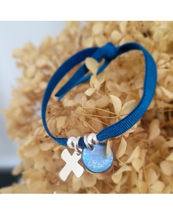 Bracelet religieux croix argent sur élastique coloré, cadeau personnalisé