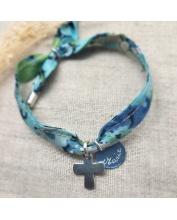 Bracelet religeux croix argent sur liberty ajustable, cadeau religieux
