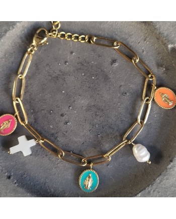 Bracelet maille marine doré médailles nacre – Bijou religieux