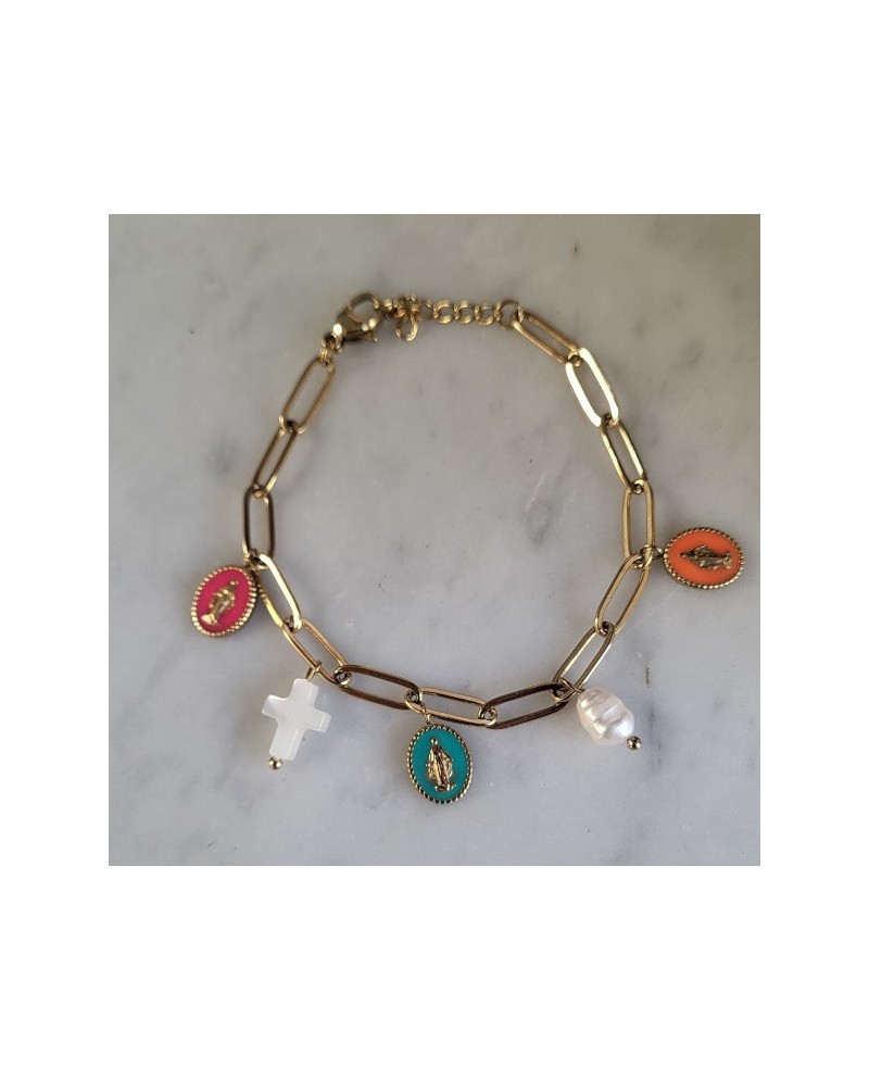 Bracelet maille marine doré médailles nacre – Bijou religieux