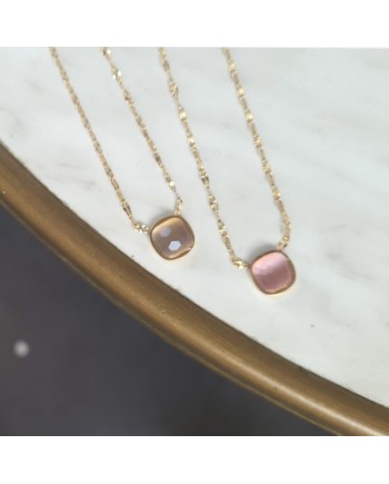 Collier acier inoxydable doré pierre naturelle carrée