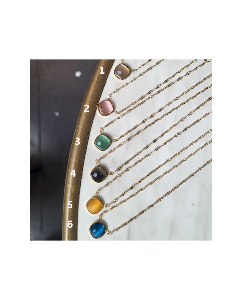 Collier acier inoxydable doré pierre naturelle carrée