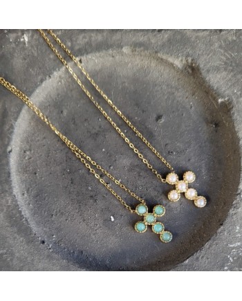 Collier Croix Pierres Cabochon – Pendentif Délicat 6 Pierres