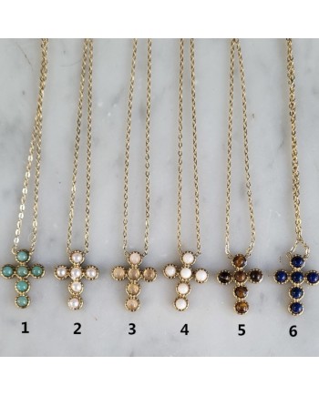Collier Croix Pierres Cabochon – Pendentif Délicat 6 Pierres