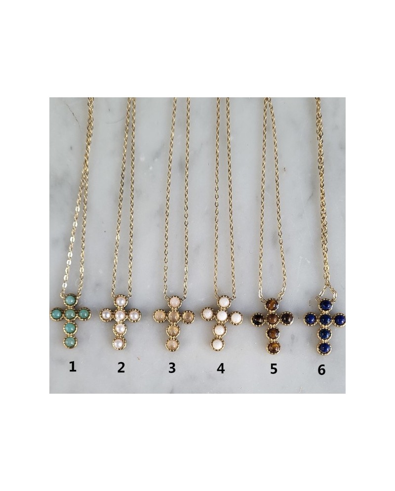 Collier Croix Pierres Cabochon – Pendentif Délicat 6 Pierres