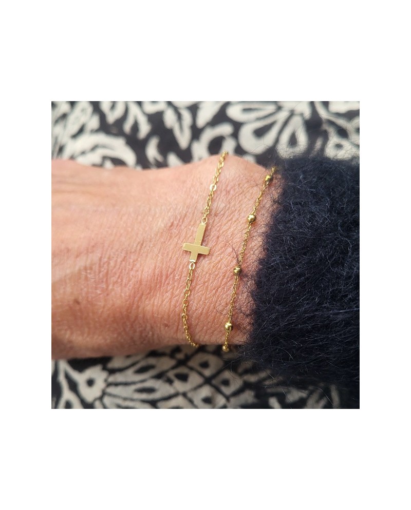 Bracelet Croix Acier Inoxydable Doré – Bracelet Ajustable Femme