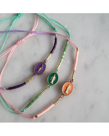 Bracelet Madone sur Cordon – Médaille Vierge et Perles Colorées Ajustable