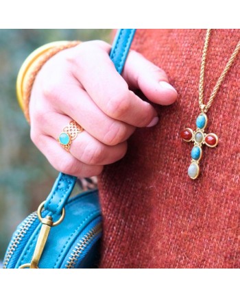 Bague motif fin dentelle, pierre amazonite vert d'eau, plaqué Or