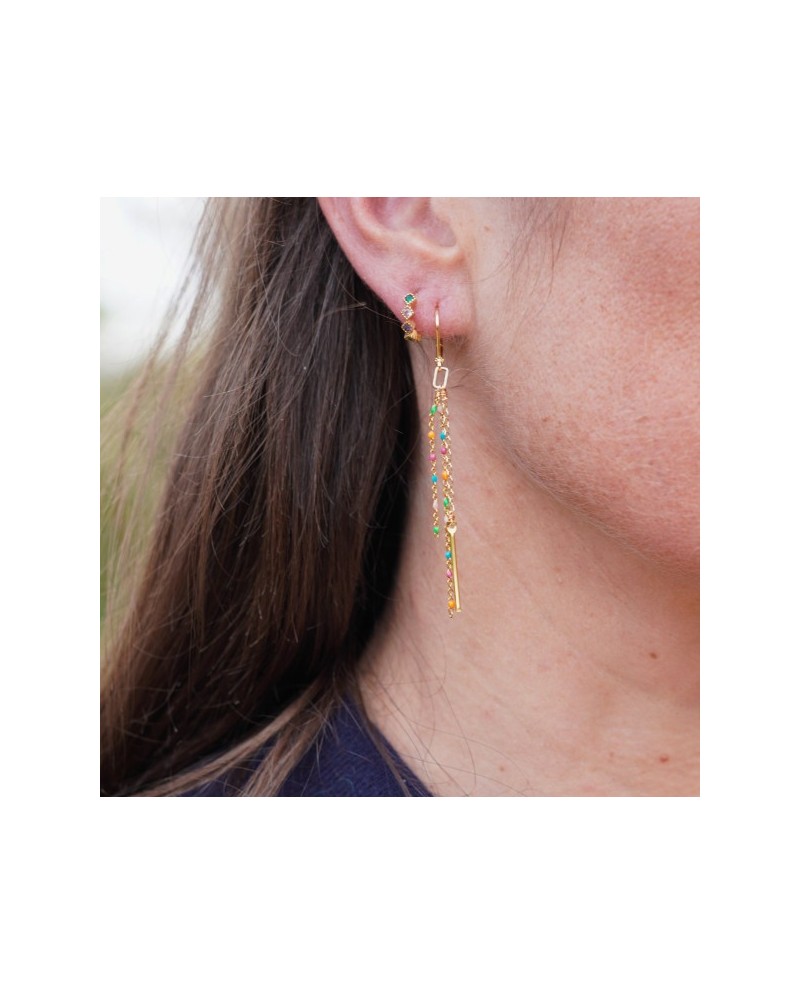 Boucles d'oreilles pendante, perles émaillées colorées, clip ou percée