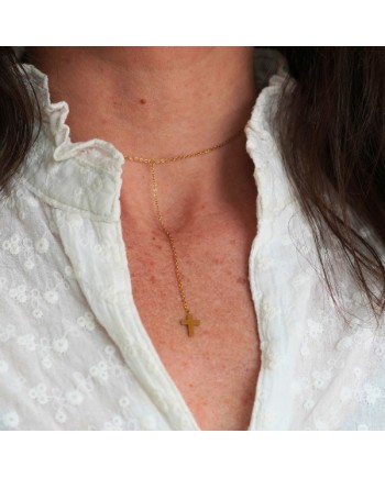 Collier sautoir croix acier inoxydable doré, perles colorées, forme Y