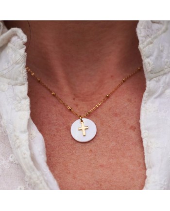 Collier chaîne ajustable acier inoxydable,médaille nacre et croix doré