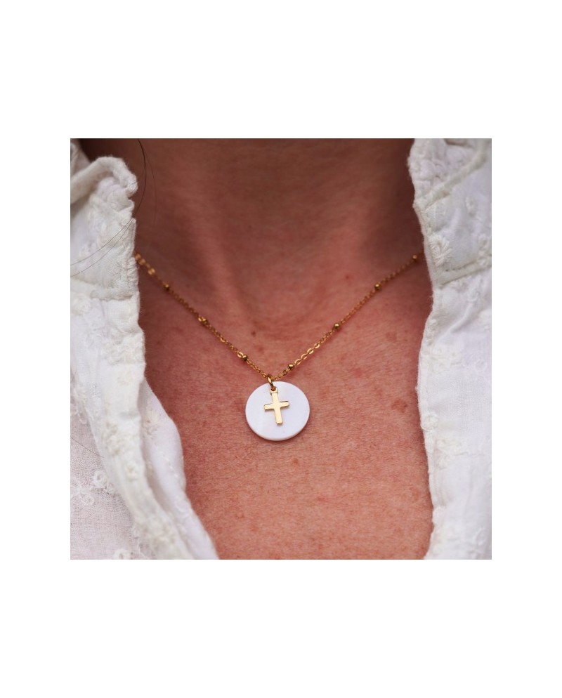 Collier chaîne ajustable acier inoxydable,médaille nacre et croix doré