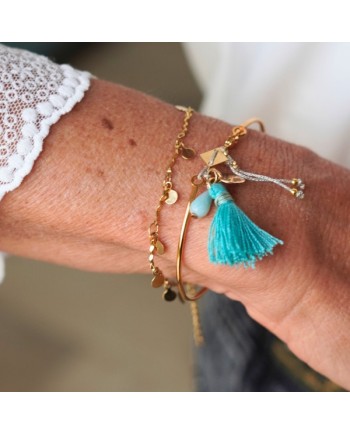 Bracelet jonc pompon et breloque en Argent ou Plaqué Or, ajustable.