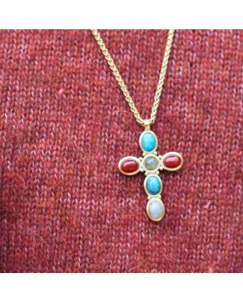 Sautoir croix coloré émaillé prune, orange, gris, chaîne doré large.
